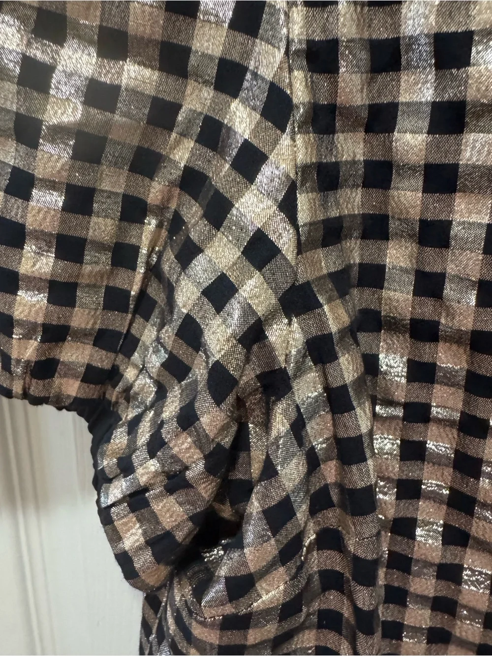 J. Crew Black and Gold Gingham Puff Sleeve Top